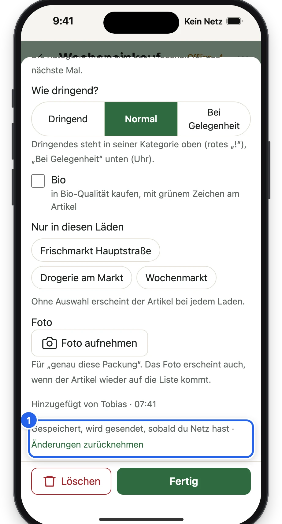 Im Artikel Eier: Notiz Größe M, darunter Gespeichert, wird gesendet, sobald du Netz hast