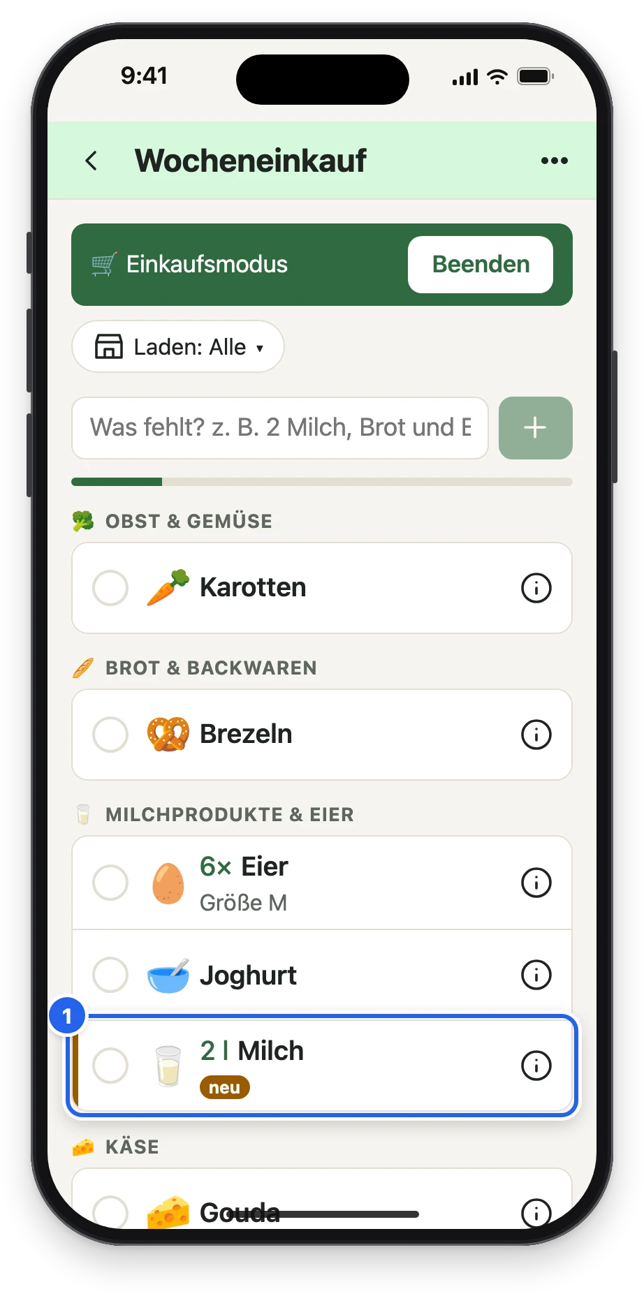 Sandras Liste: eine Milch 2 l mit dem Zeichen neu, Eier mit Größe M