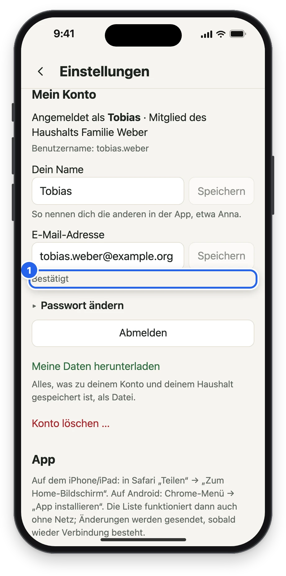 Mein Konto mit E-Mail-Adresse und Bestätigt