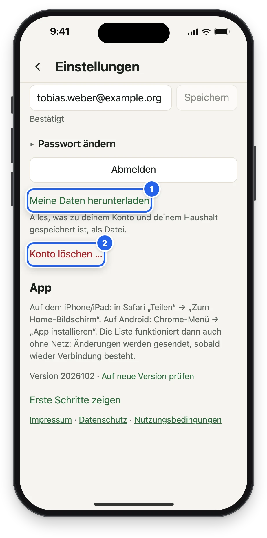 Meine Daten herunterladen und Konto löschen