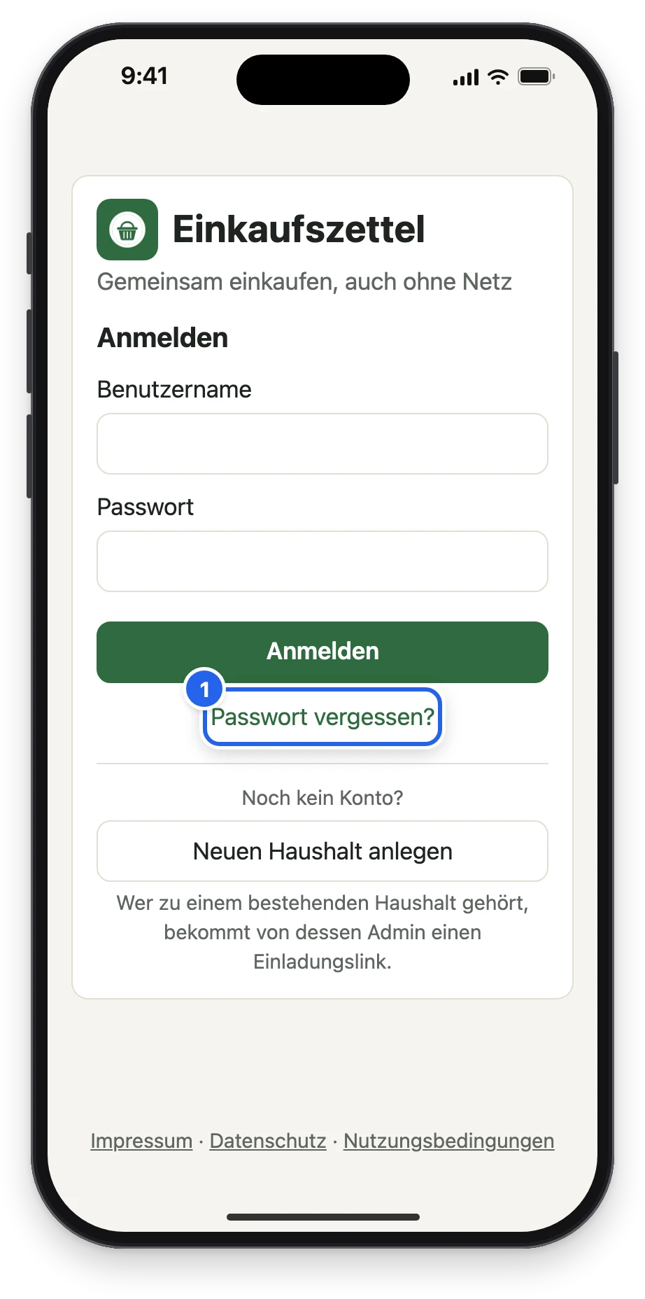 Die Anmeldeseite mit Passwort vergessen?