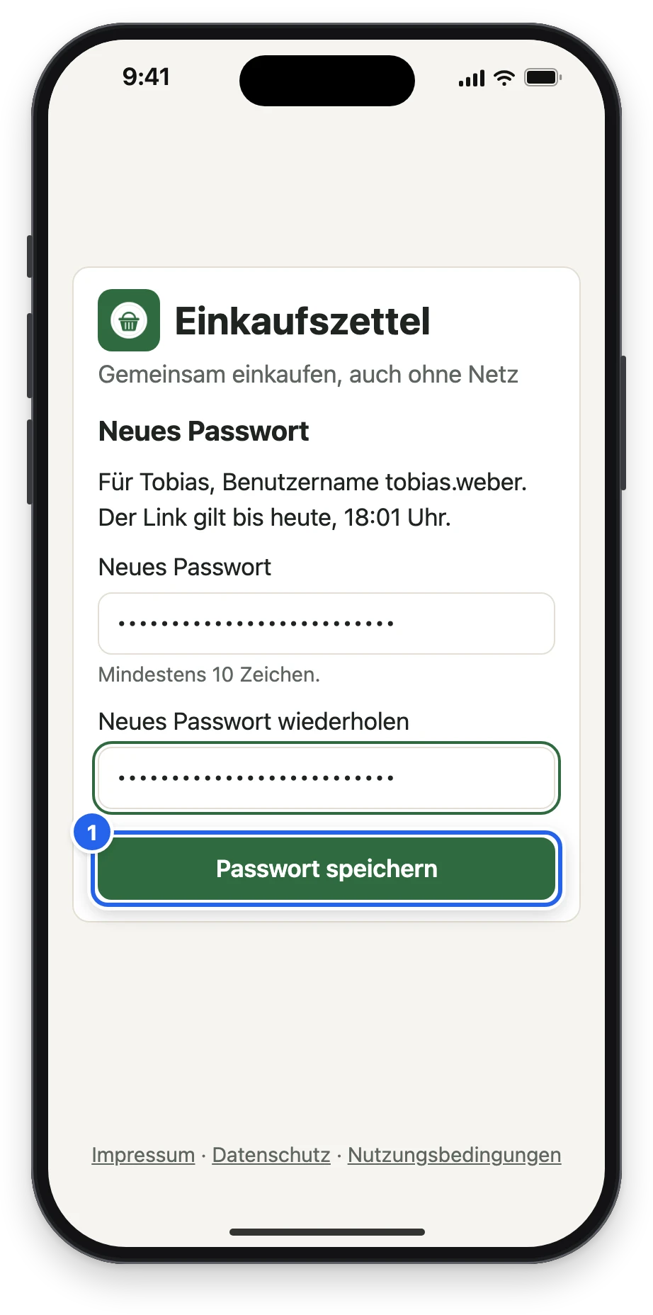 Neues Passwort für Tobias: Neues Passwort, wiederholen, Passwort speichern