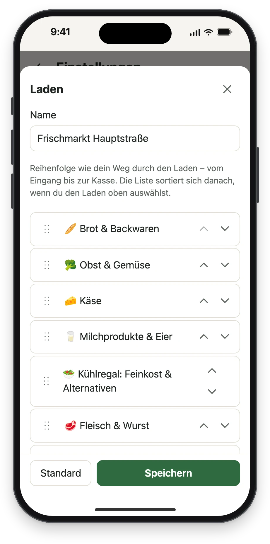 Das Blatt Laden mit den Abteilungen: Brot & Backwaren, Obst & Gemüse, Käse, Milchprodukte & Eier …