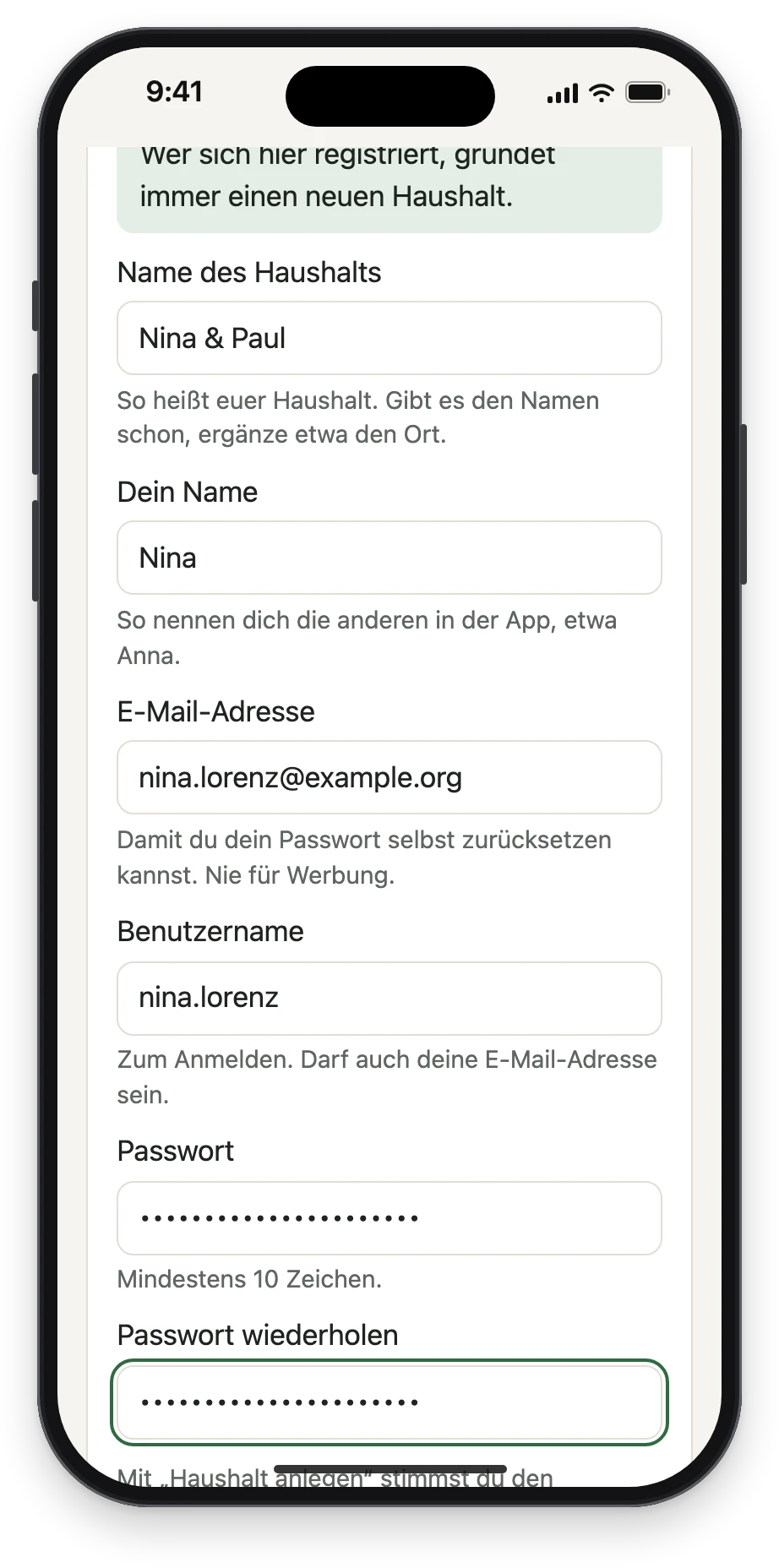 Das Formular Neuen Haushalt anlegen, ausgefüllt mit Nina & Paul, Nina, E-Mail-Adresse, Benutzername und Passwort