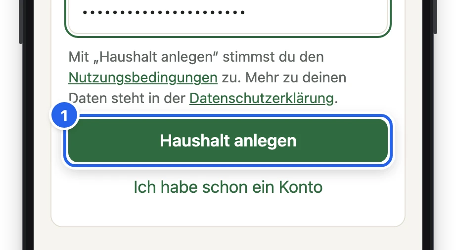 Unten im Formular der Knopf Haushalt anlegen