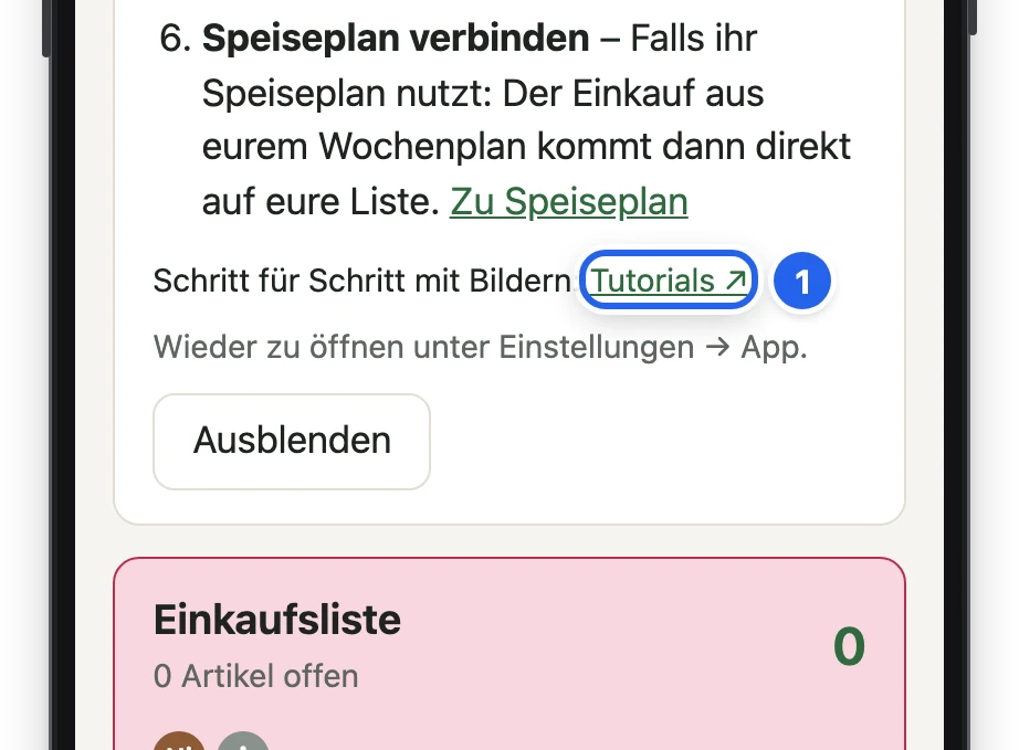 Unten in der Karte Erste Schritte: Schritt für Schritt mit Bildern: Tutorials, darunter Ausblenden