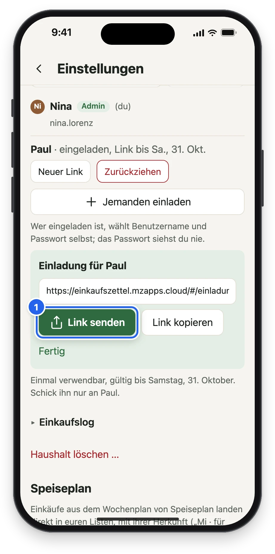 Einstellungen, Haushalt: die Einladung für Paul mit Link, Link senden und Link kopieren