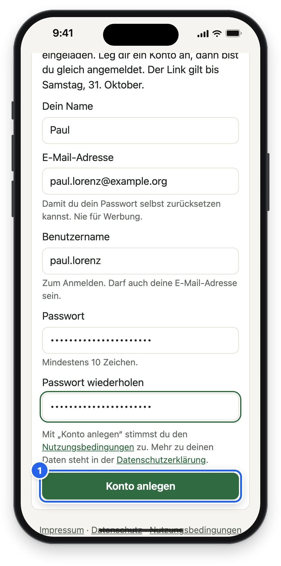 Pauls Einladung: Name, E-Mail-Adresse, Benutzername, Passwort und der Knopf Konto anlegen