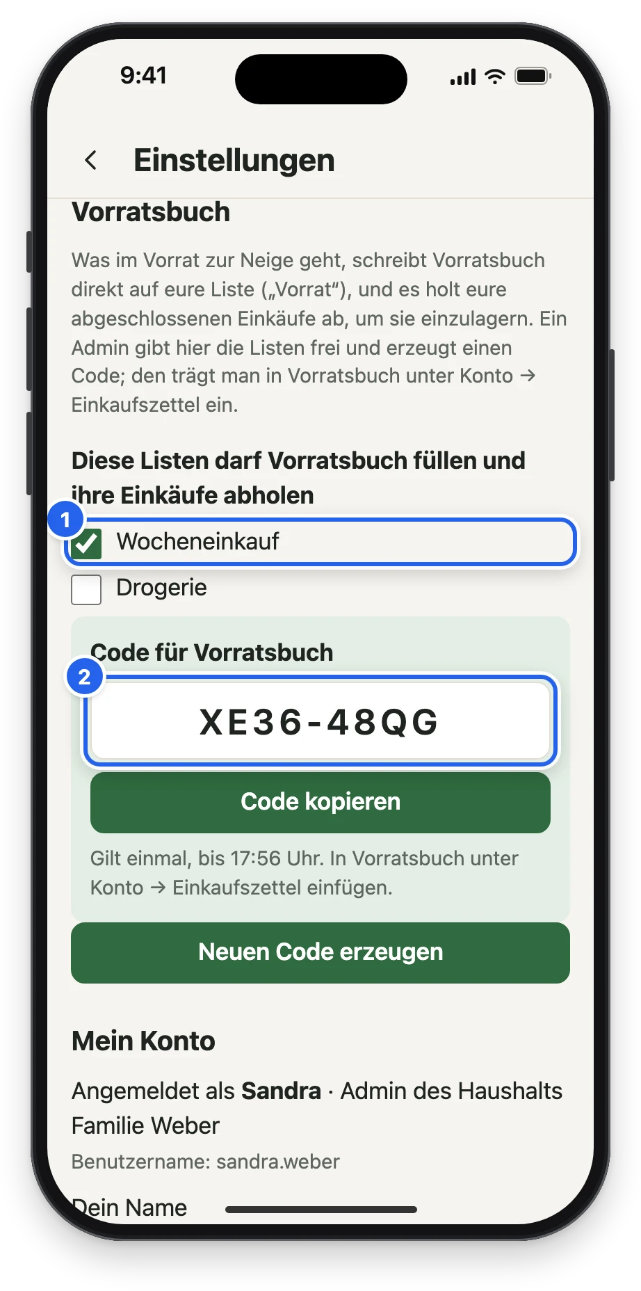 Einstellungen, Vorratsbuch: Wocheneinkauf angehakt, der Code darunter