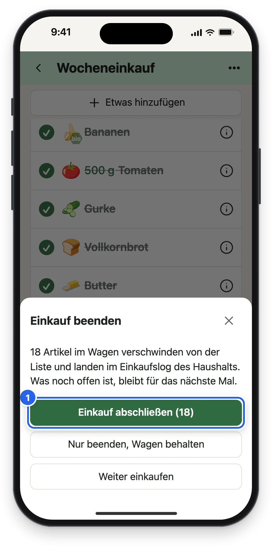 Das Blatt Einkauf beenden mit Einkauf abschließen (18)